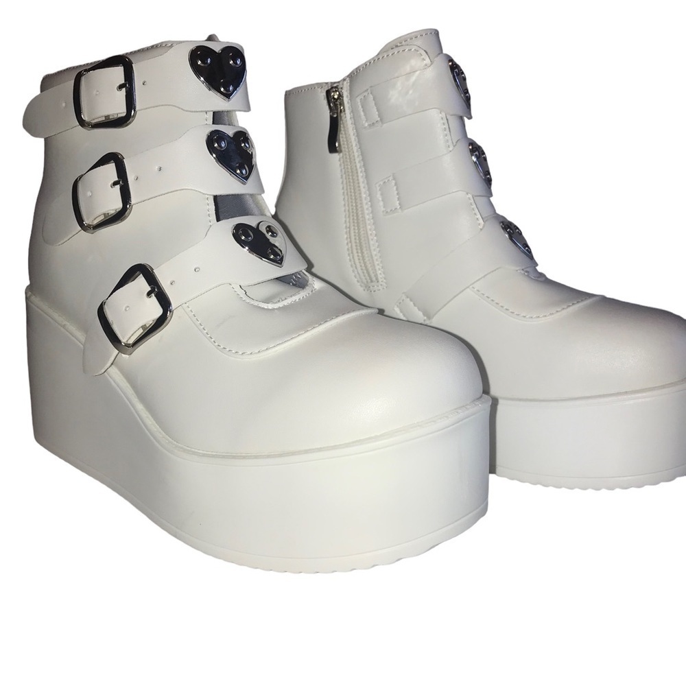 LUCKY STEP Women Platform Chunky Sole Ankle Boots White Goth Booties Size 7.5